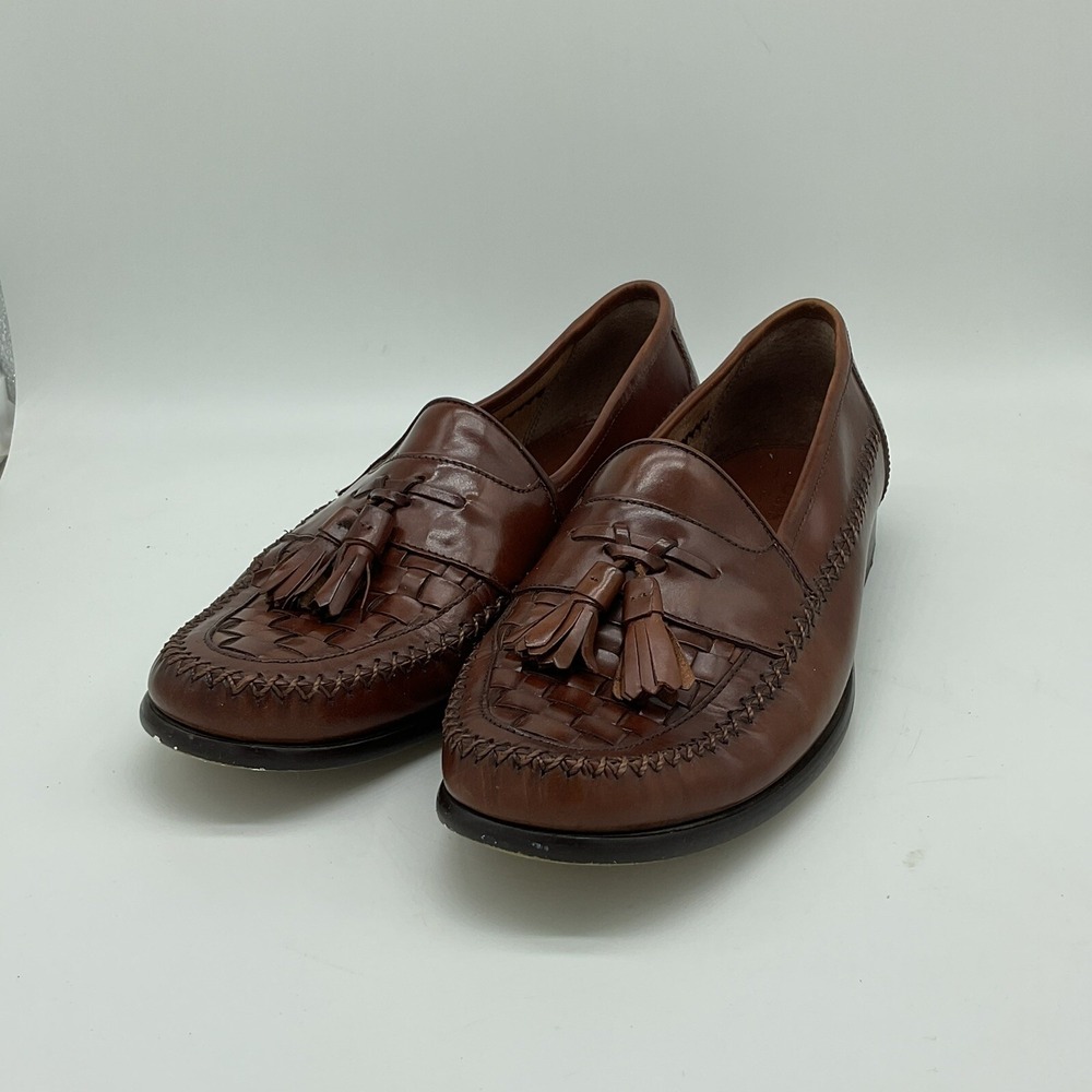 Bass Mens Bellagio Dress Loafers 10M Leather Brown Woven Tassel Slip On Shoes - Picture 5 of 13